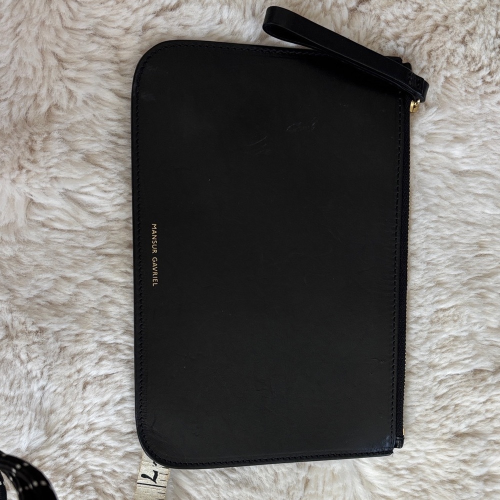 Mansur Gavriel Black Leather Wristlet Pouch with Gold Logo